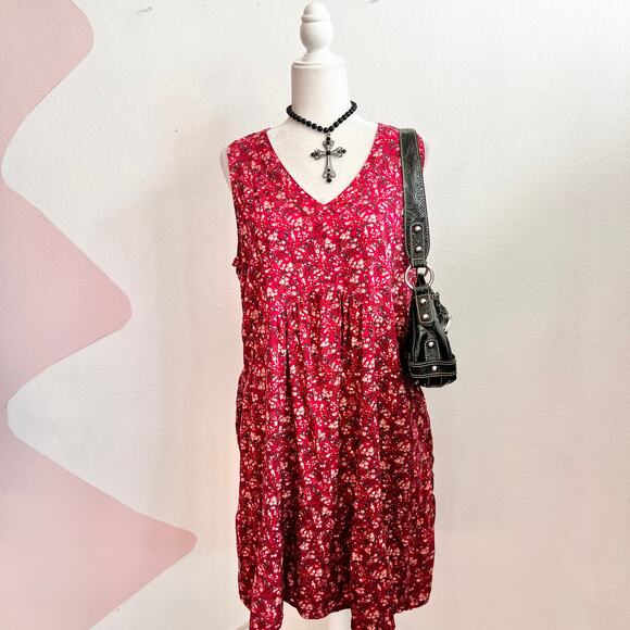 Red Floral Babydoll Tiered Maxi Dress Cottagecore Boho Phoebe Buffay XL - Picture 1 of 6